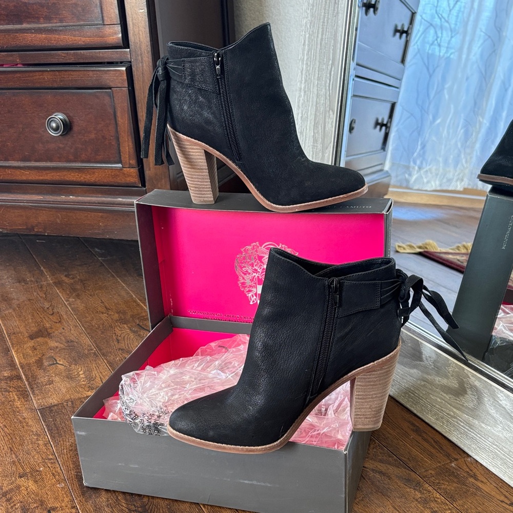 Vince Camuto Black Heeled Boots with Tassel
